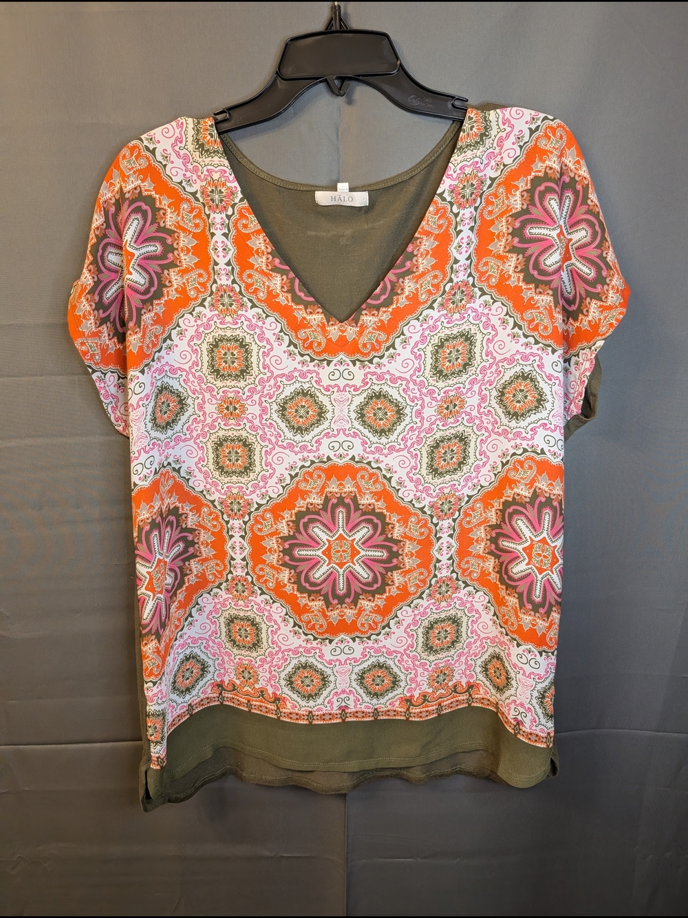 Halo Olive, Orange & Pink Printed V-Neck Blouse